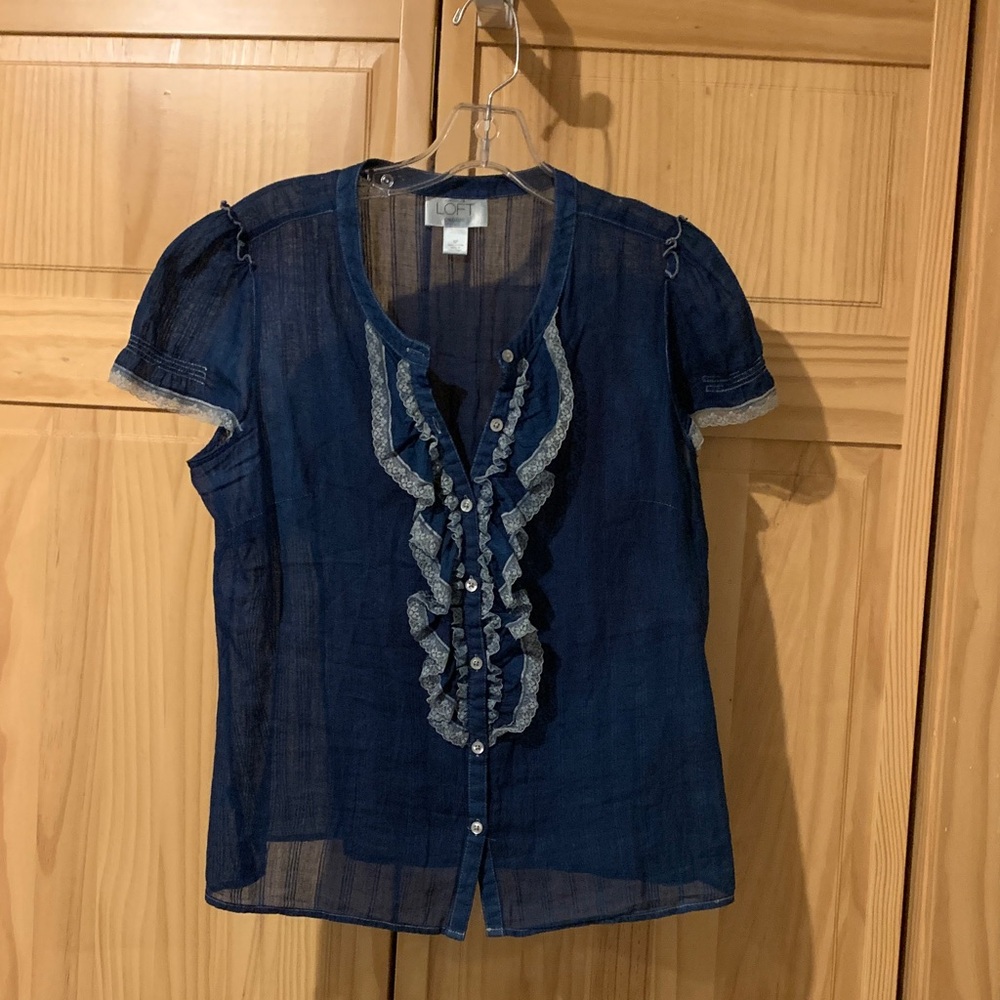 LOFT Indigo Blue Ruffle Front Blouse